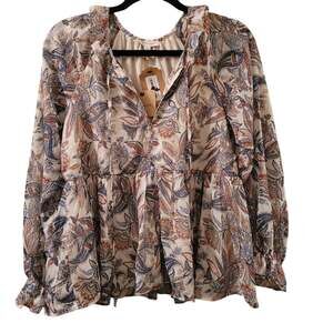Womens Peasant Balloon Sleeve Top Paisly Print Floral Peplum Blouse Blue Pepper